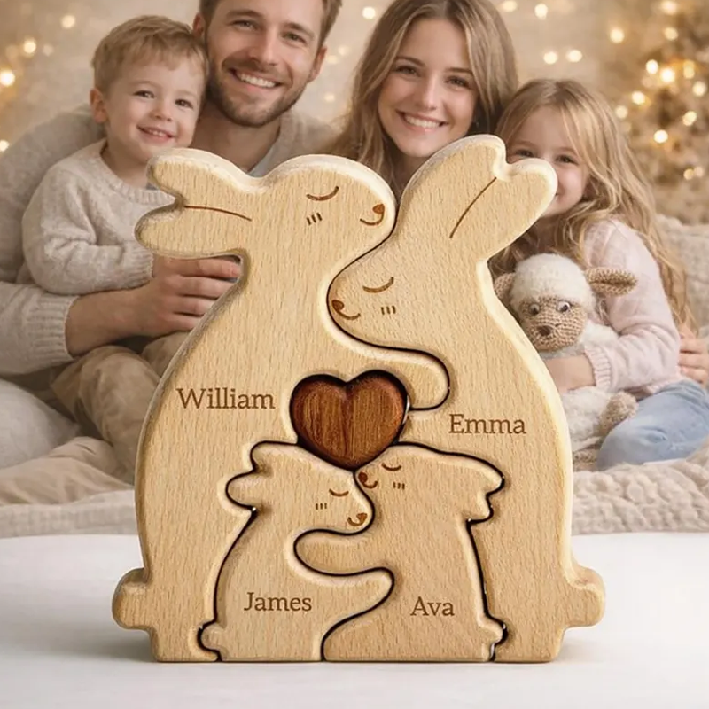 Personalized Wooden Rabbit Family Puzzle Custom Name Engraved Bunny Decor Wood Nursery Keepsake Nursery Room Decor Kids Birthday Gift