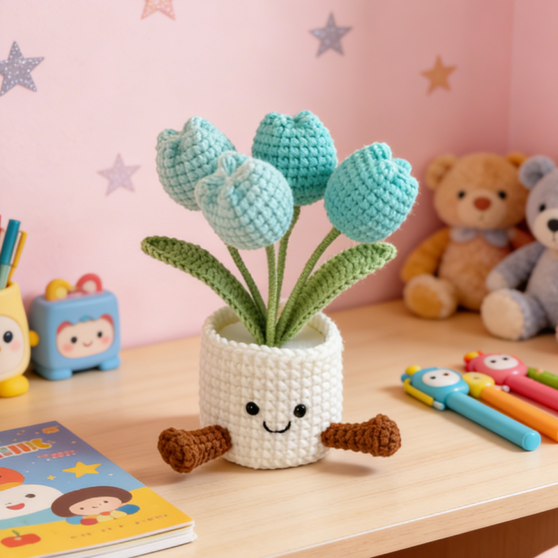 Handmade Crochet Tulip Flower Pot Pink Purple Orange or Blue Cute Gift for Her Girlfriend Friend Colleague Crochet Rose Bouquet