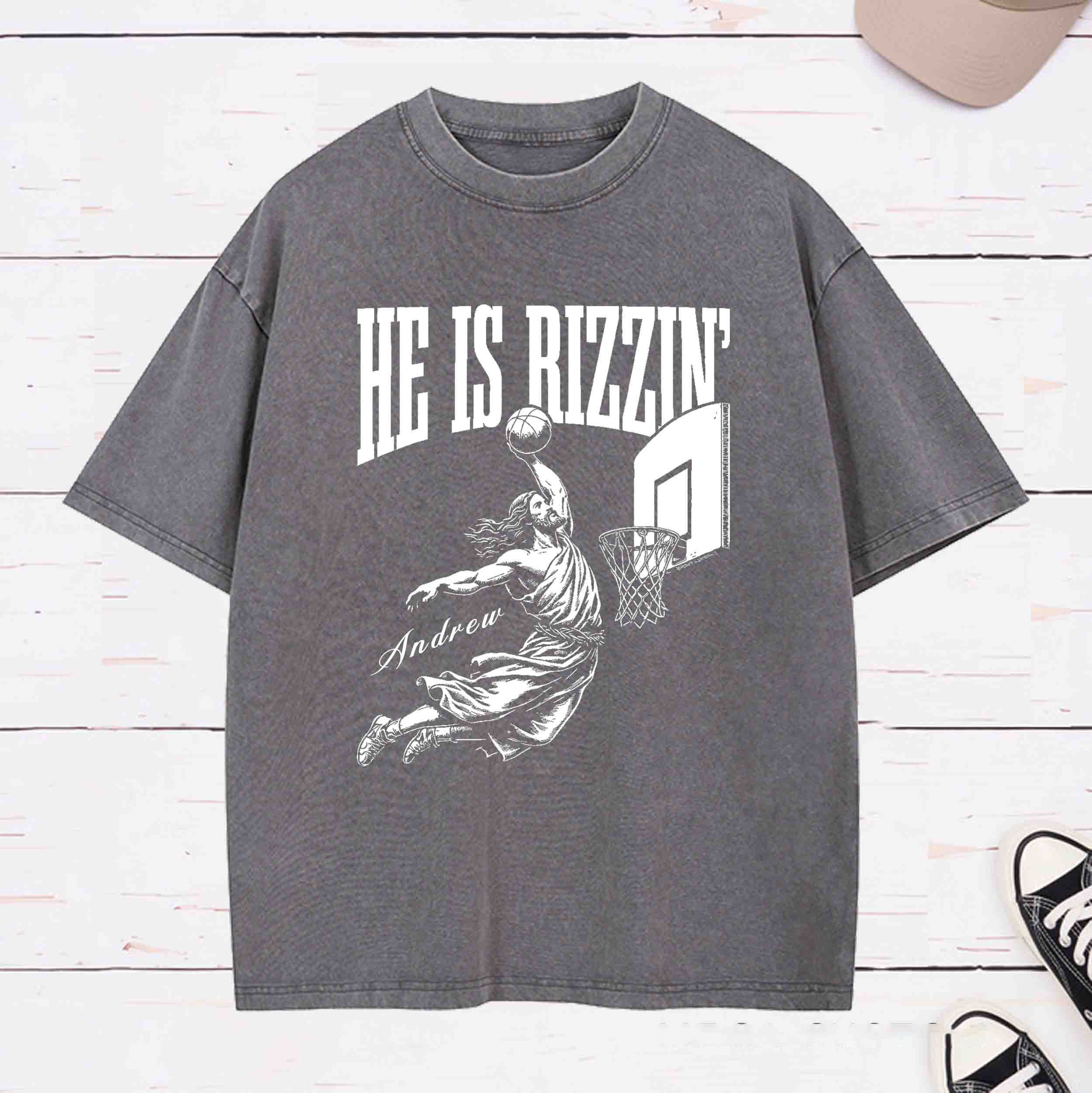 Personalized Character He is Rizzin Washed T-Shirt with Name Birthday Easter Gift for Christian