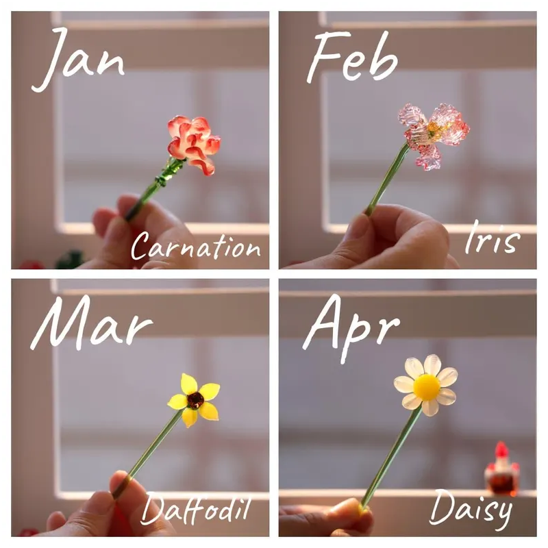 Hand Blown Glass Flower Bouquet with Birth Month Heart & Birthstone – Topper Mother's Day Gift for Her