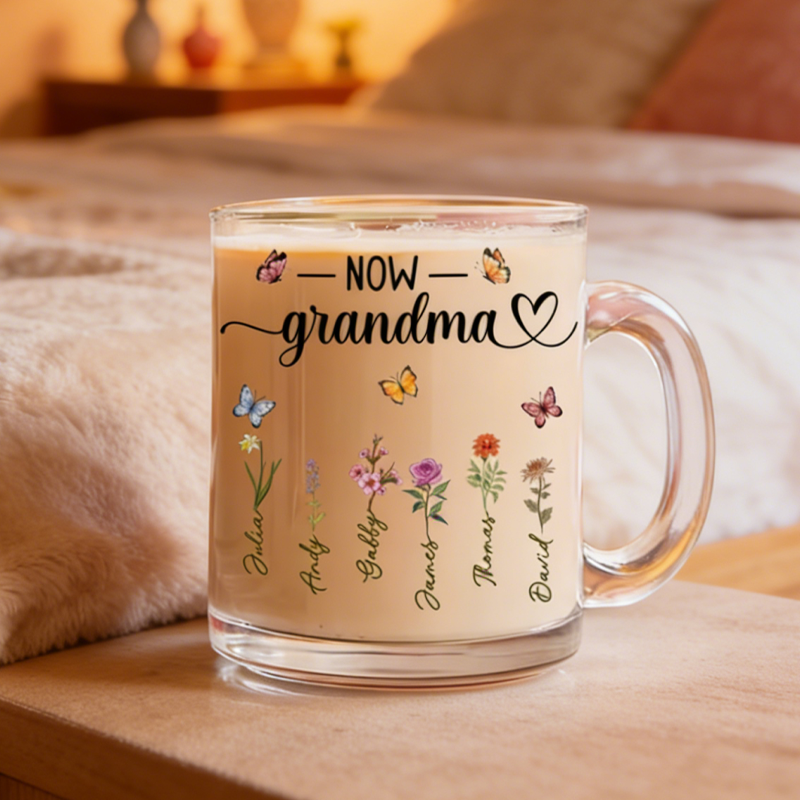 Personalized Glass Mug with Names and Flower Designs for Mom and Grandma Custom Gift for Mother’s Day or Family Occasion