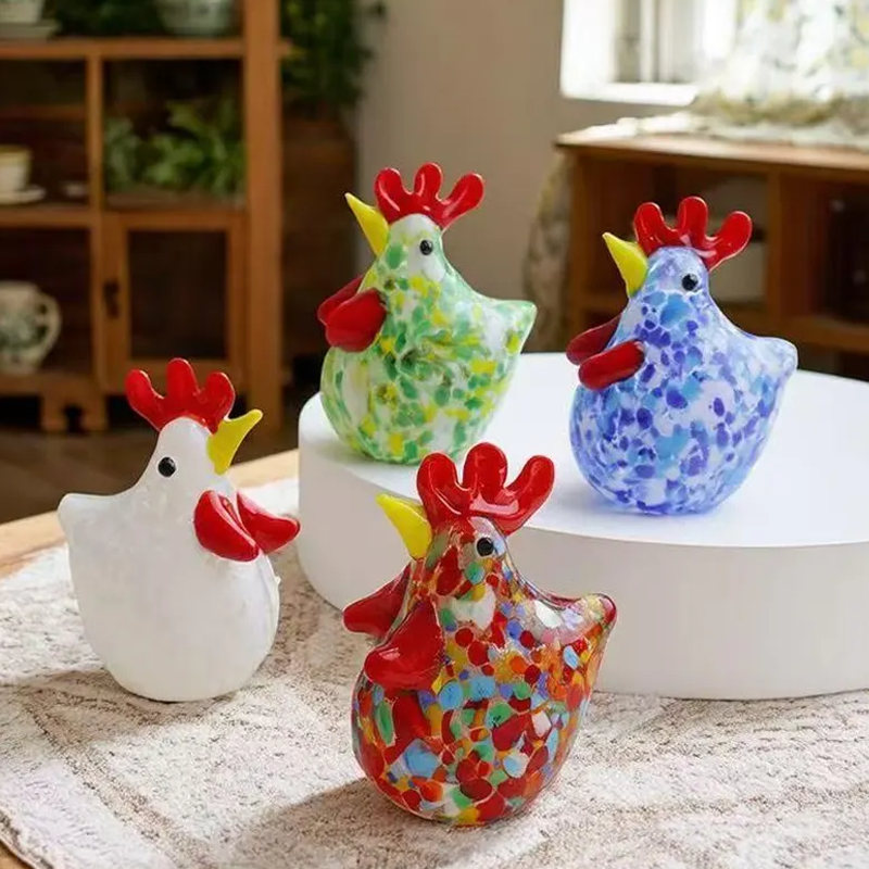Hand Blown Glass Easter Egg Chicken Figurines Lampwork Rooster Sculpture Easter Basket Filler Miniature Glass Animal Cottagecore Decor