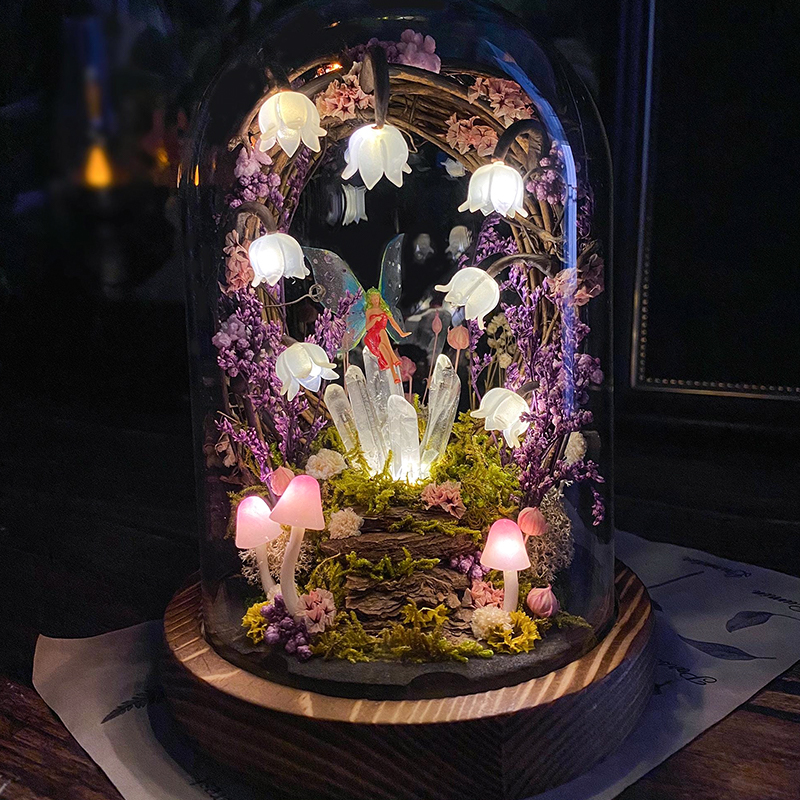 Personalized Enchanted Fairy Crystal Terrarium Lamp Lily of the Valley Night Light, Cute Mushroom Lamp Therapeutic Decor for Stress Relief & Mindfulness