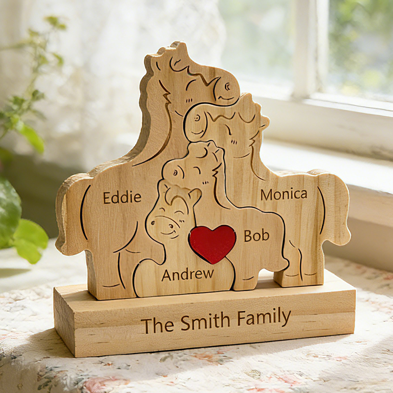 Personalized Wooden Horse Family Puzzle Custom Name Keepsake for Horse Enthusiasts & Families