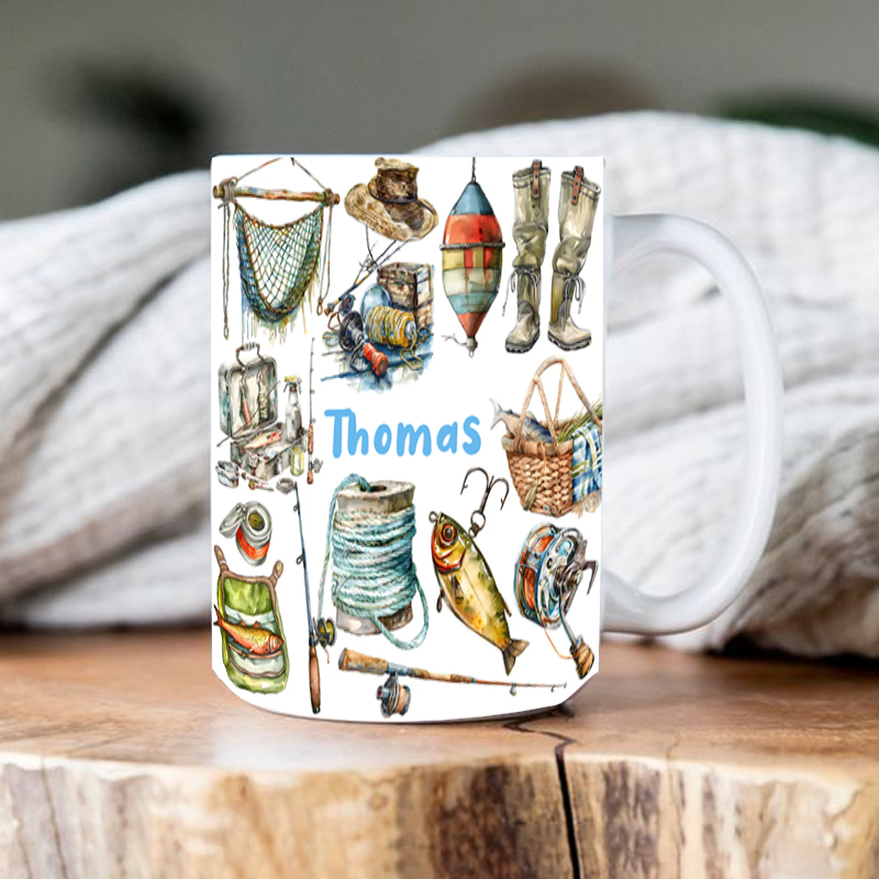 Personalized Fishing Mug Fishing Gear Design Custom Name Perfect Gift for Fishing Lovers Durable Ceramic Coffee Cup for Daily Use