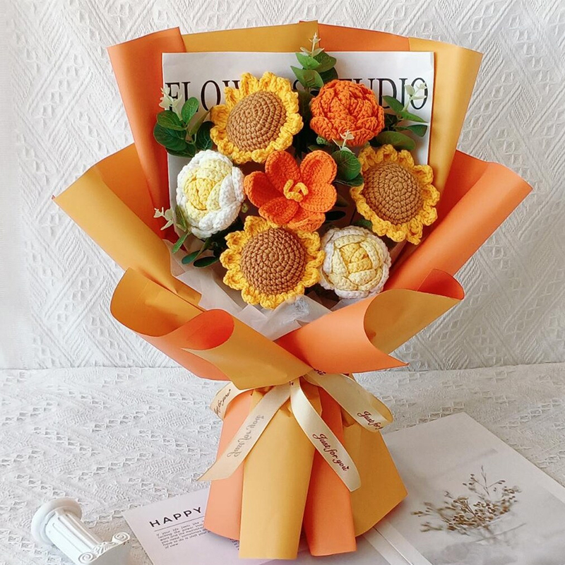 Personalized Handmade Crochet Sunflower Bouquet Knitted Floral Gift for Her Eternal Flower Arrangement Wedding Decor Mother’s Day