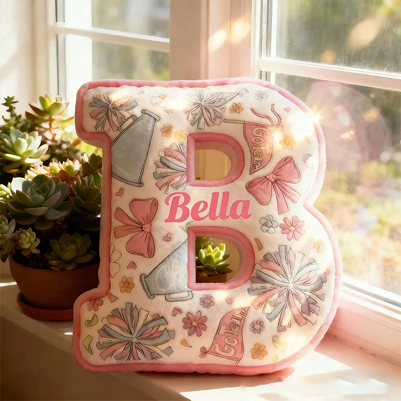 Personalized Cheerleading Initial Pillow with Custom Name and Cheer Theme Design