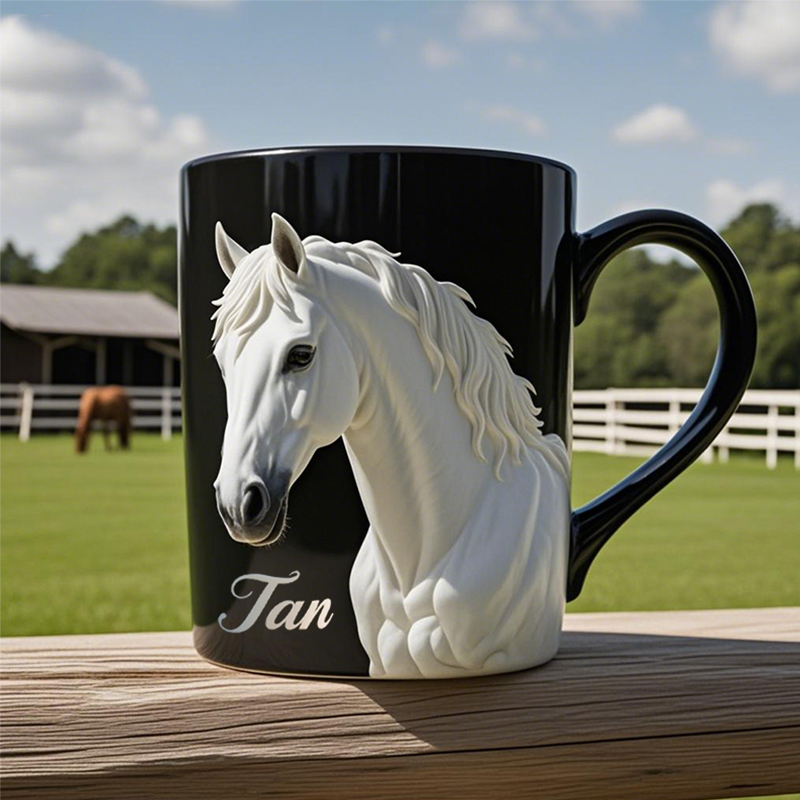 Personalized 3D White Horse Coffee Mug Custom Name Gift for Riders and Equestrian Enthusiasts