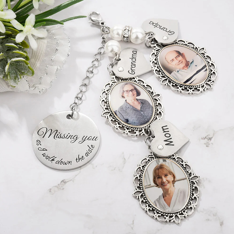 Personalized Lace Oval Photo Bouquet Charm with Heart Engraved Pendant Memorial Wedding Gift for Bride