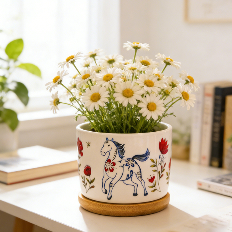 Personalized Hand Painted Style Planter Floral Horse Design Gift for Horse Lover Housewarming Gift Home Decor Birthday Gift 