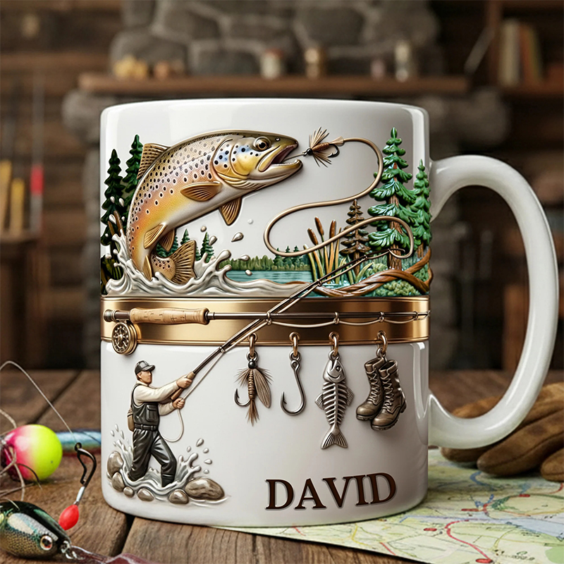 Personalized Fisherman and Fishing Gear Mug with Custom Name Tea Cup for Dad Grandpa or Fishing Lovers