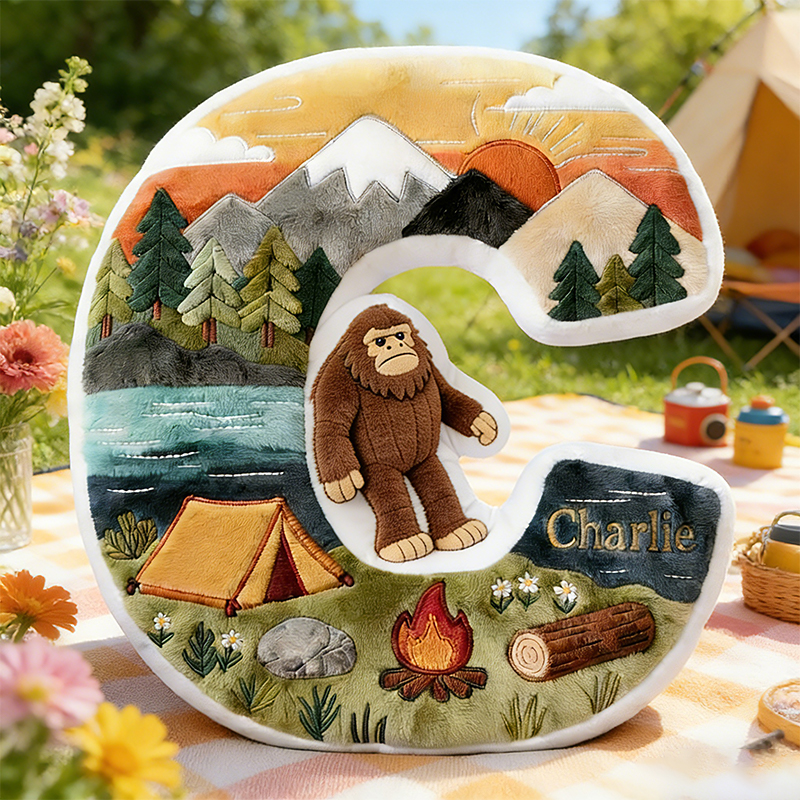 Personalized Sasquatch Camping Alphabet Initial Letter Pillow Gifts For Camping Lovers and Bigfoot Seekers