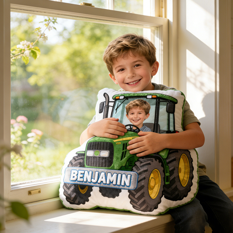 Personalized Tractor Pillow with Custom Name and Photo Cushion Gift for Kids 
