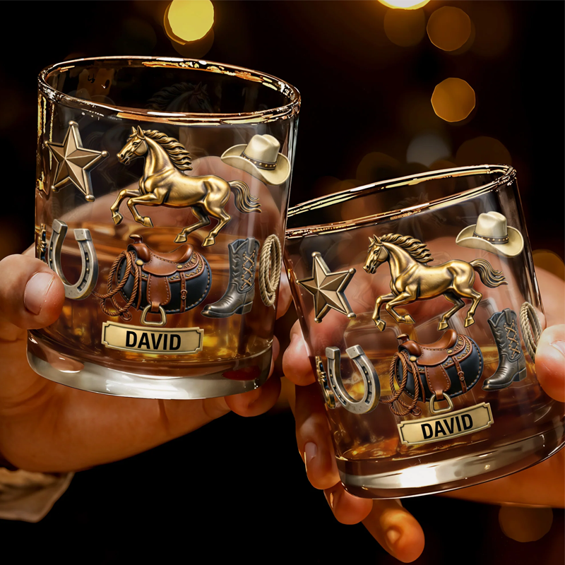 Personalized Classic Western Theme Horse and Cowboy Gear Personalized Custom Whiskey Glass Gift for Dad and Horse Lovers