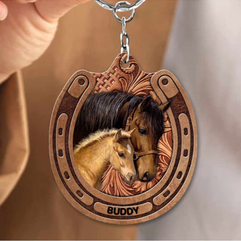 Personalized Love Horse Breeds Custom Name Leather Pattern Keychain Gift for Dad and Horse Lovers