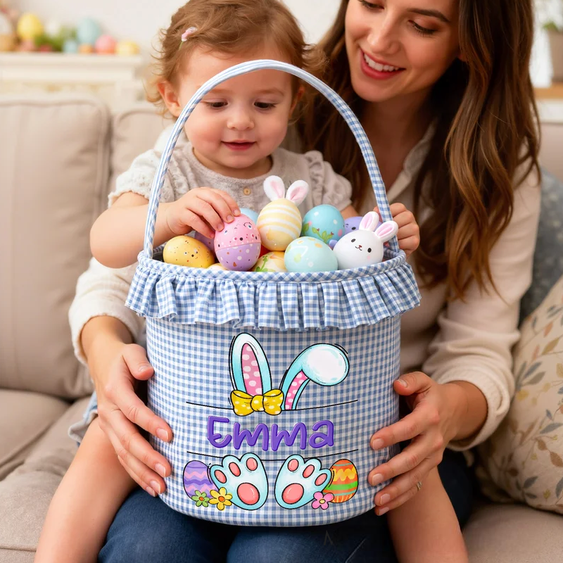 Personalized Multi-Color Cute Rabbit Large Capacity Plaid Easter Basket with Name Easter Egg Hunting Party Favor Gift for Boys Girls