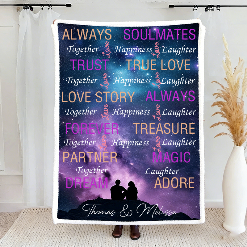 Personalized Couple Starry Sky Silhouette Blanket Valentine's Day Gift for Couple Cloud Word Blanket Love Story Blanket For Her
