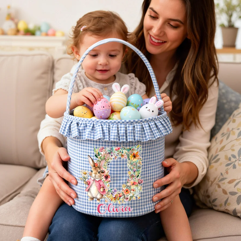 Personalized Cute Flower Rabbit Easter Basket with Name and Initial Easter Eggs Hunting Party Favor Gift for Boys Girls