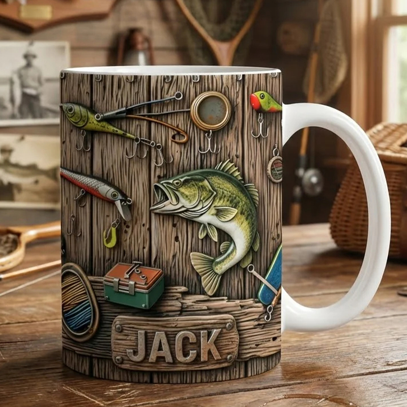 Personalized Fishing Mug Custom Wood Texture Lure Theme Ceramic Cup for Anglers  