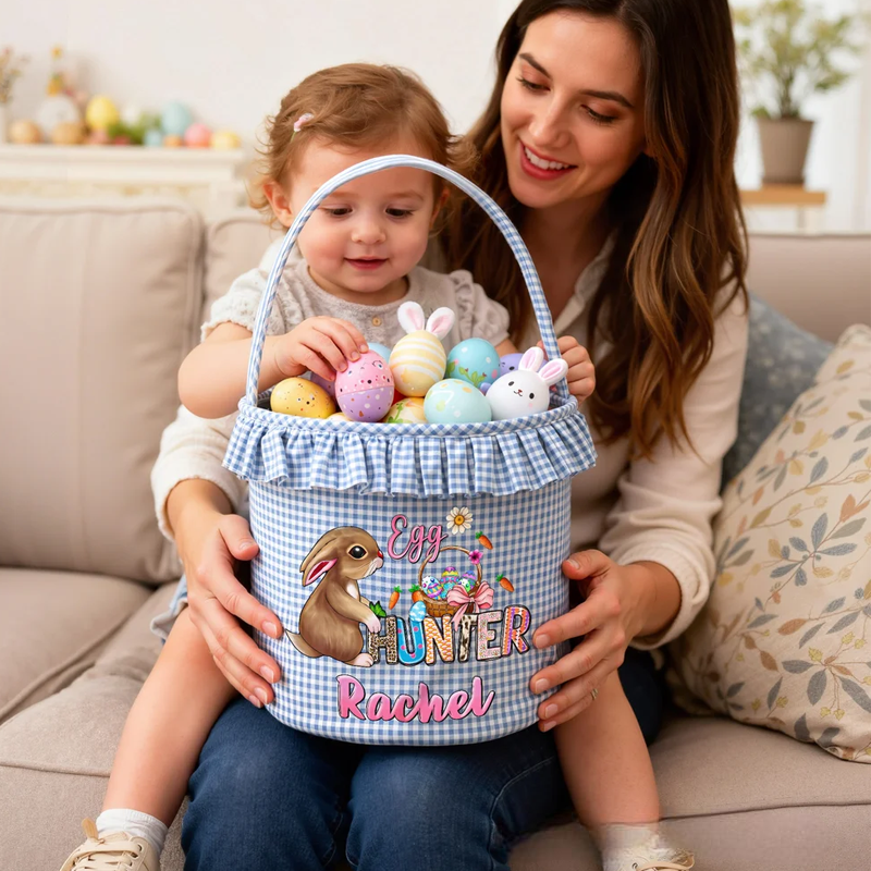 Personalized Cute Bunny Camouflage Flower Plaid Easter Basket with Name Easter Egg Hunt Easter Gift for Boys Girls