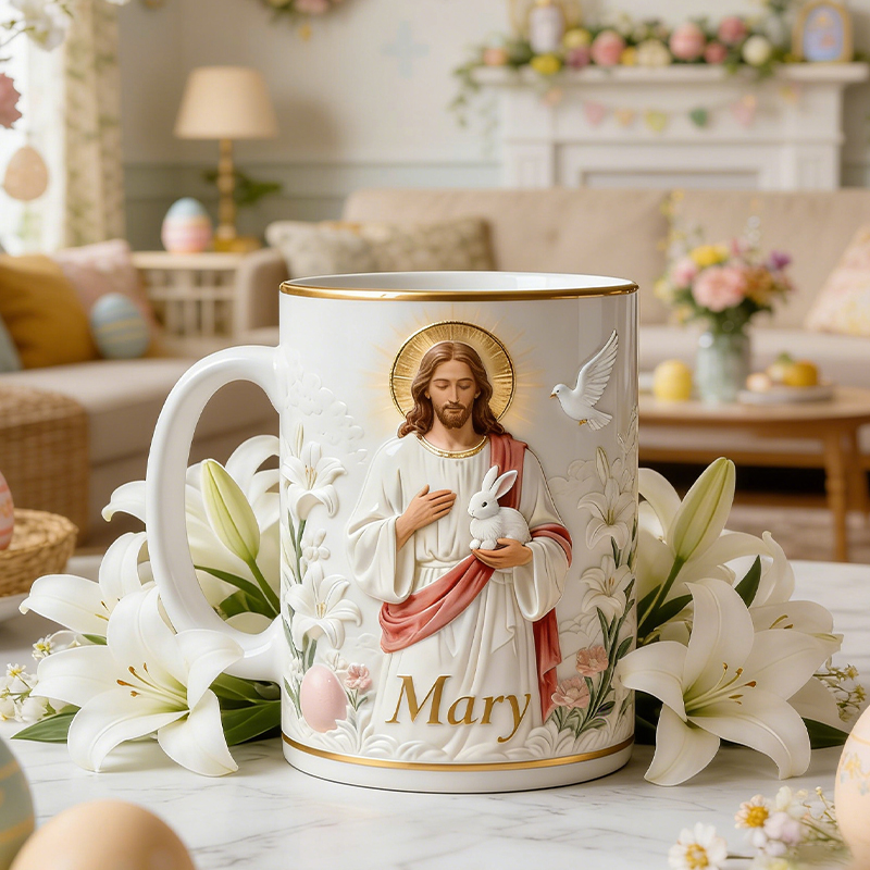 Personalized Jesus and Bunny Christian Easter Mug with Lily Floral Design Custom Name Gift for Religious Gift