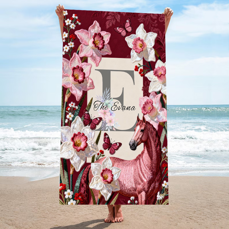 Personalized Monogram Equestrian Floral Horse Quick-Dry Microfiber Beach Towel Beach Party Birthday Gift for Equestrian Lovers