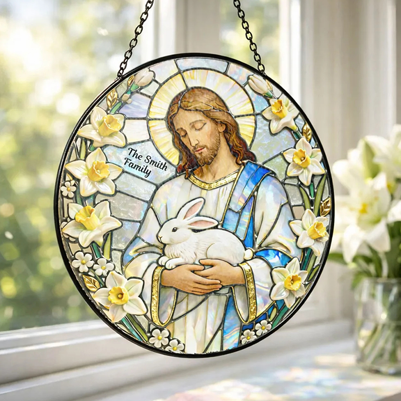 Personalized Christian Sun Catcher Jesus With Bunny Glass Suncatcher Ornament for Easter Window Display Unique Religious Gift