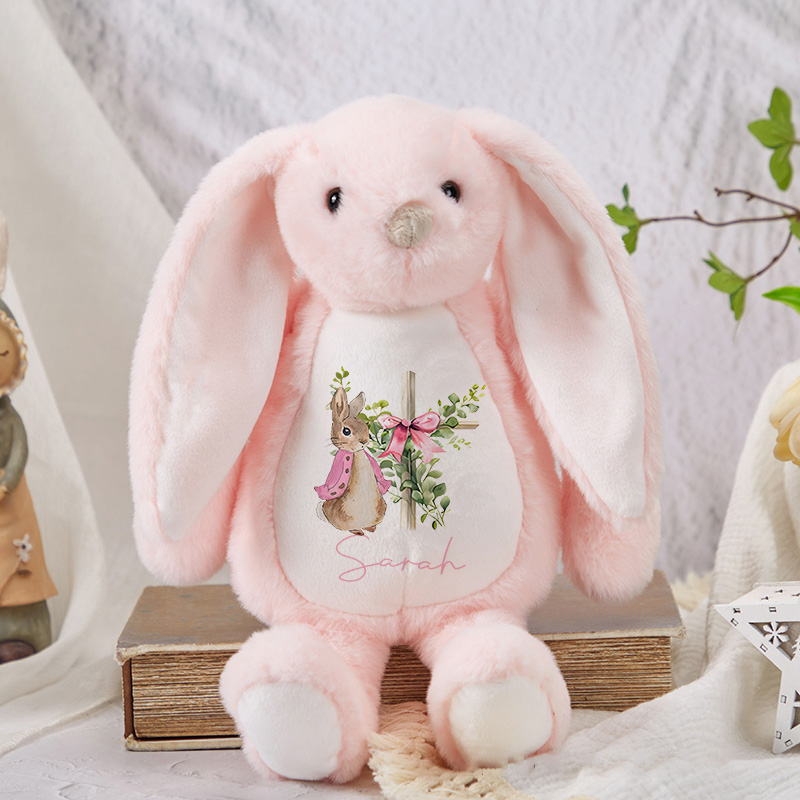 Personalized Easter Eggs Floral Cross Cute Plush Bunny Stuffed Animal Toy with Name Easter Baby Shower Birthday Gift for Kids