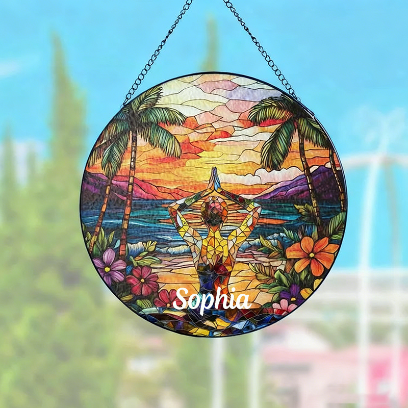 Personalized Yoga Sun Catcher Vibrant Sunset and Beach Design Custom Name Perfect Decor for Yoga Studios and Meditation Spaces