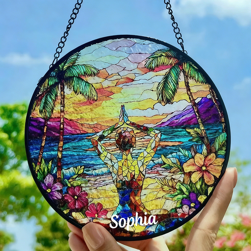 Personalized Yoga Sun Catcher Vibrant Sunset and Beach Design Custom Name Perfect Decor for Yoga Studios and Meditation Spaces