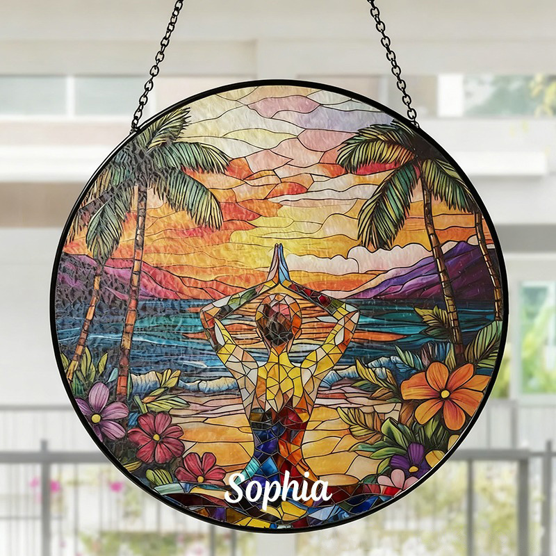 Personalized Yoga Sun Catcher Vibrant Sunset and Beach Design Custom Name Perfect Decor for Yoga Studios and Meditation Spaces