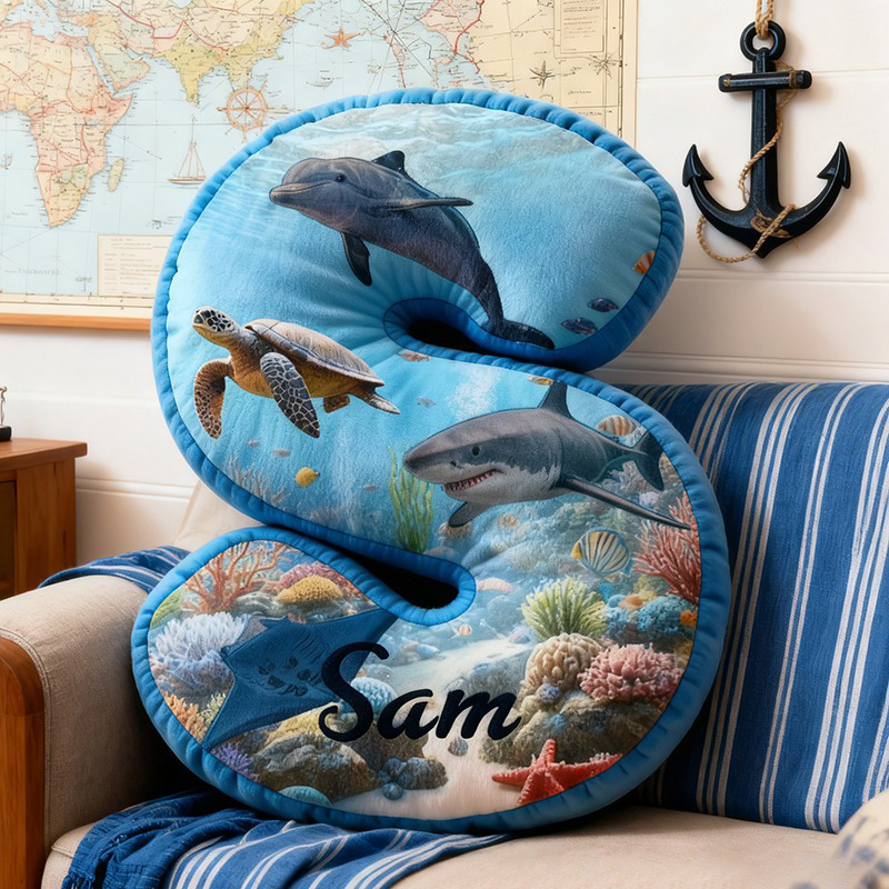 Personalized Ocean Letter PillowMarine Life Design with Dolphin  Shark and Turtle Custom Name Perfect for Fishing Enthusiasts and Home Decor
