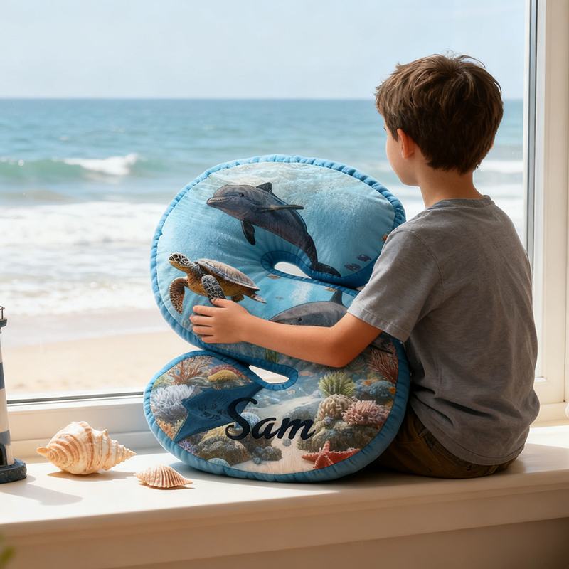 Personalized Ocean Letter PillowMarine Life Design with Dolphin  Shark and Turtle Custom Name Perfect for Fishing Enthusiasts and Home Decor