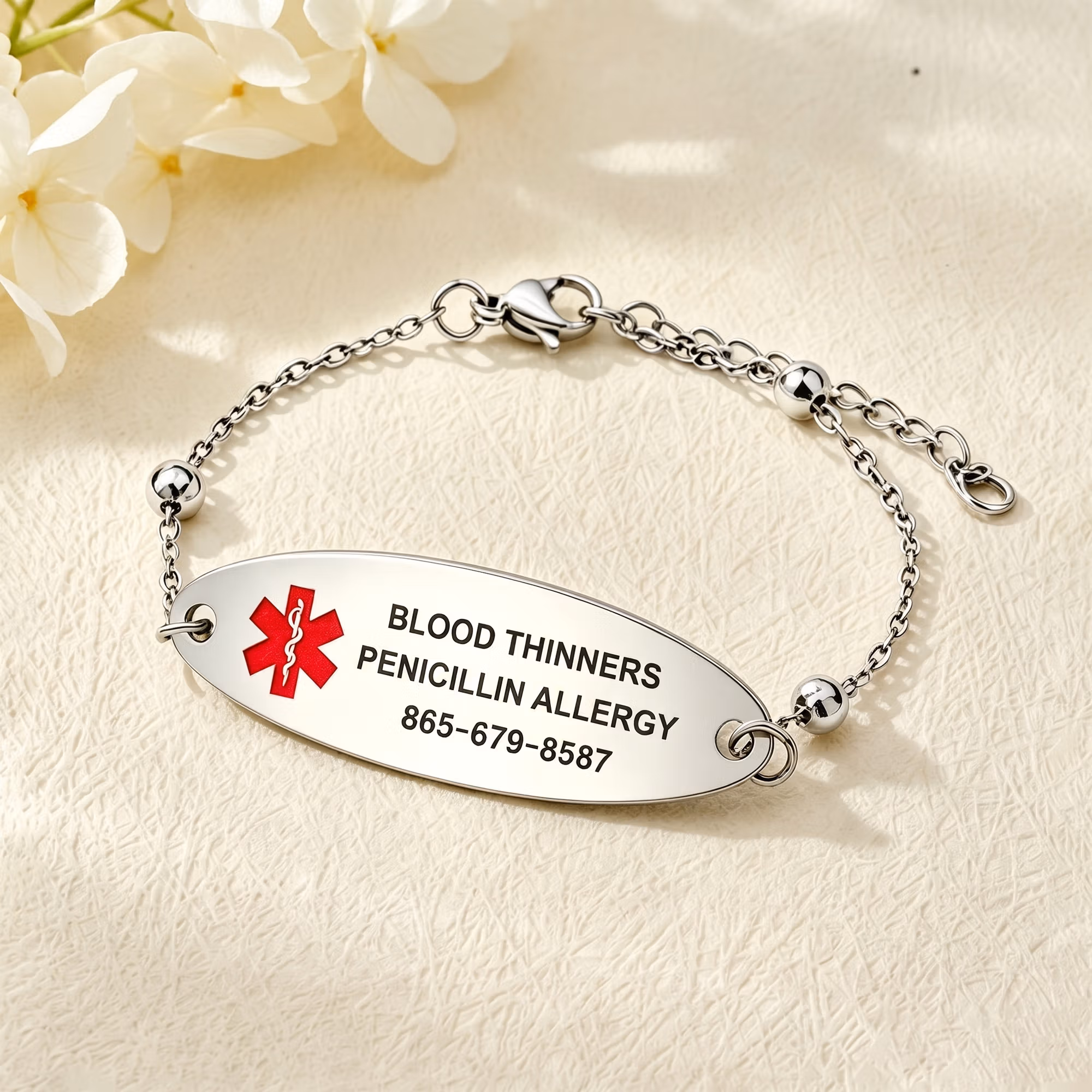 Personalized Engraved Medical Alert Adjustable Bracelet, Stainless Steel Medical ID Emergency Contact Bracelet for Women