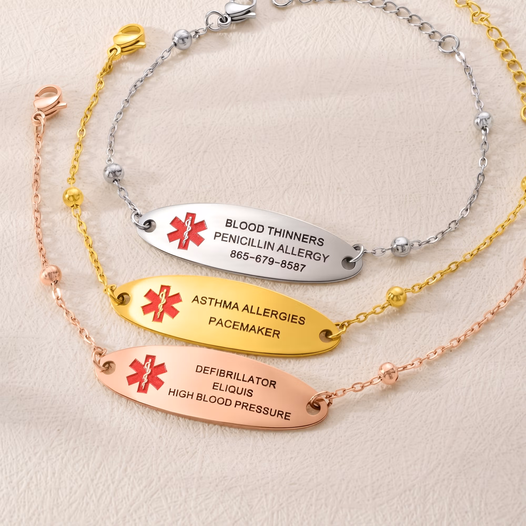 Personalized Engraved Medical Alert Adjustable Bracelet, Stainless Steel Medical ID Emergency Contact Bracelet for Women