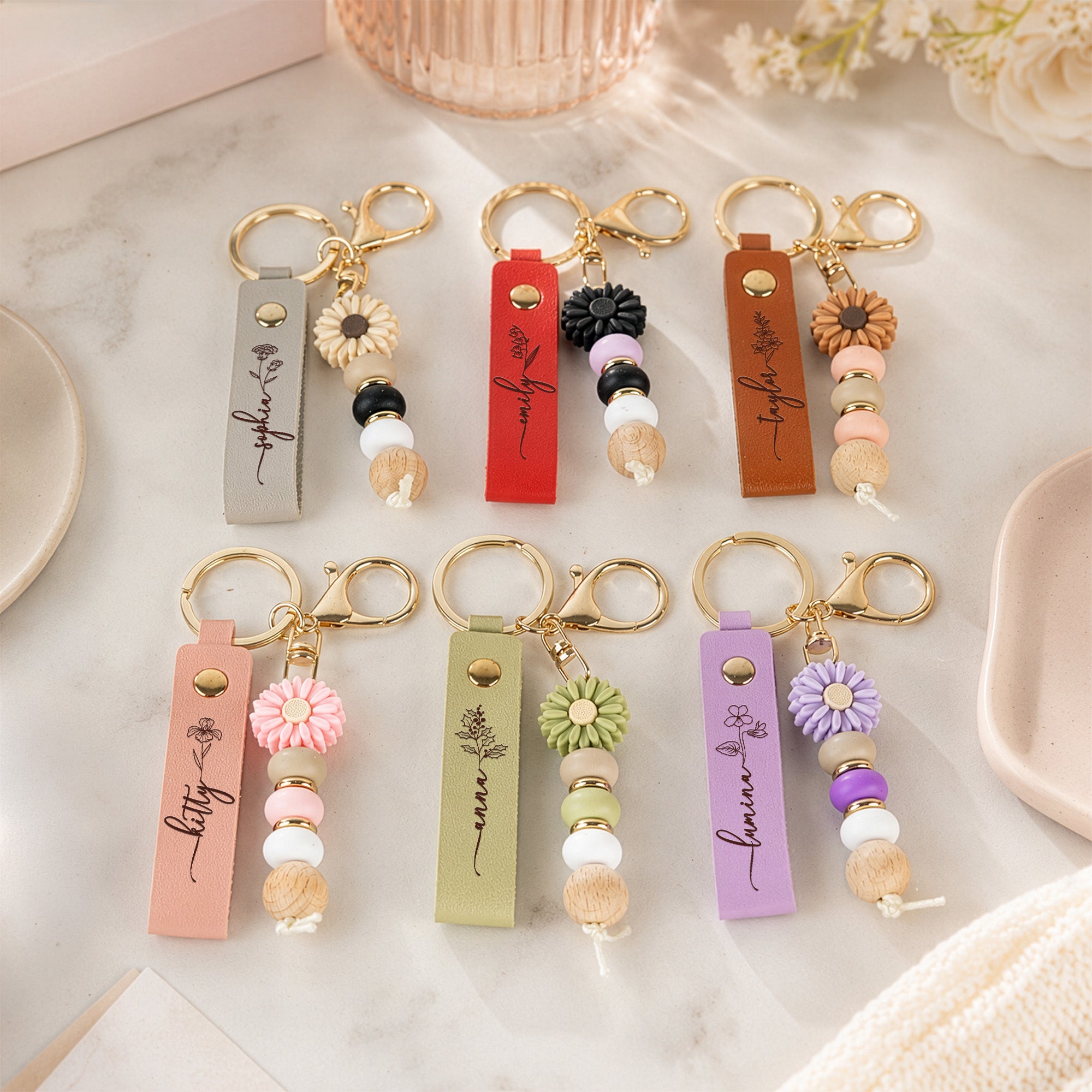 Personalized Beaded Keychain Custom Name and Birth Flower For Her