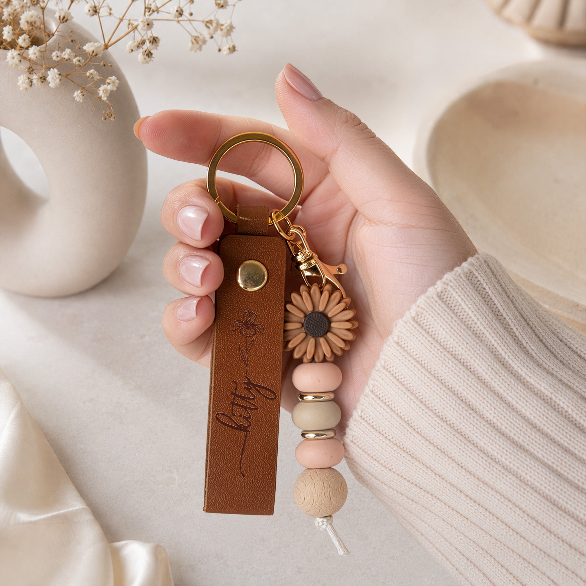 Personalized Beaded Keychain Custom Name and Birth Flower For Her