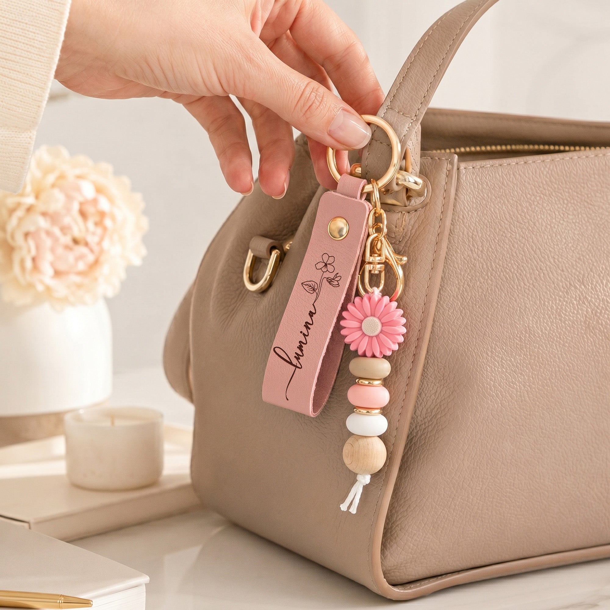 Personalized Beaded Keychain Custom Name and Birth Flower For Her