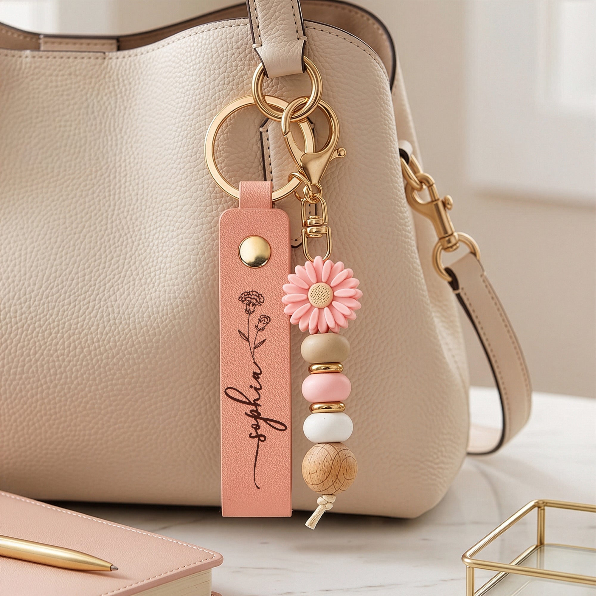 Personalized Beaded Keychain Custom Name and Birth Flower For Her