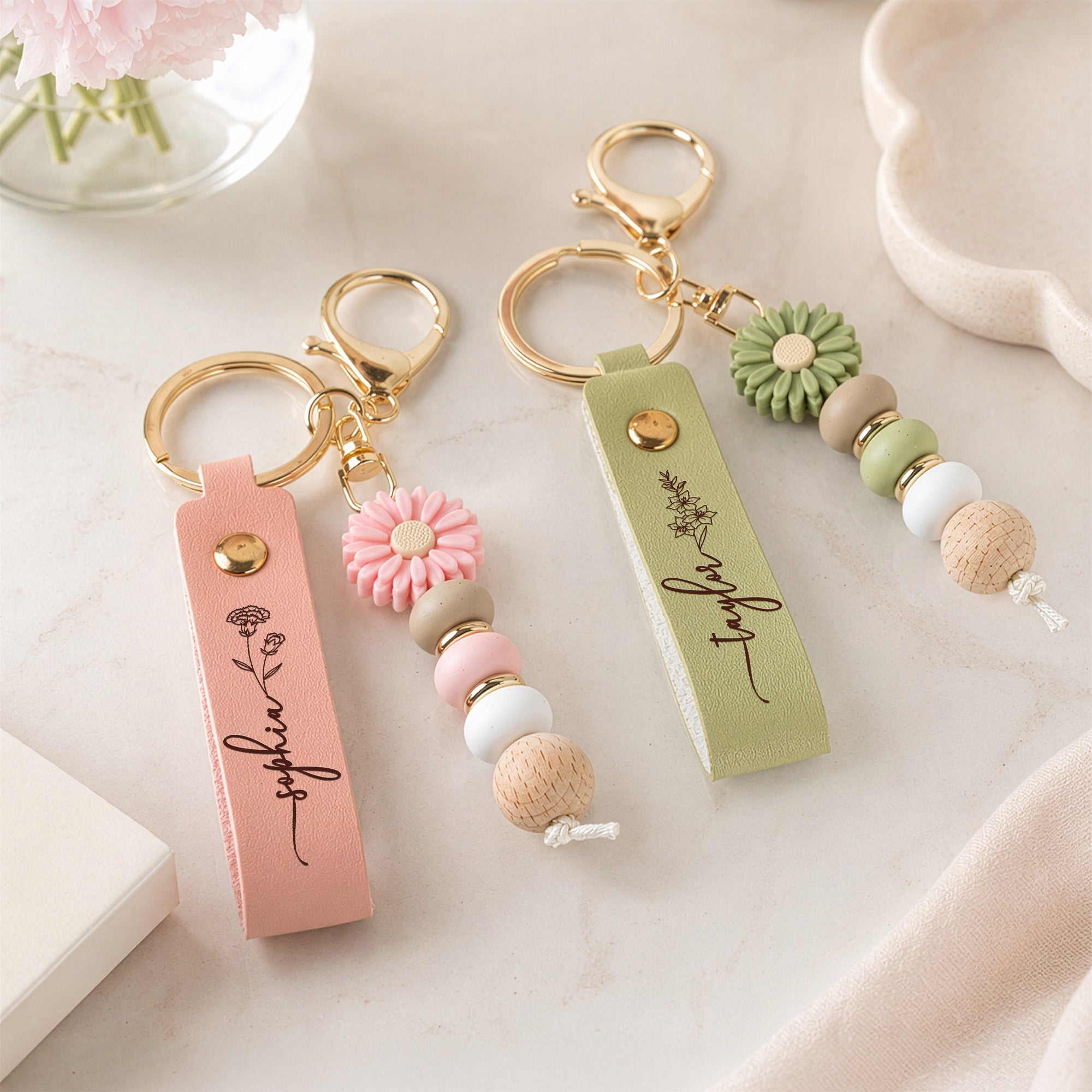 Personalized Beaded Keychain Custom Name and Birth Flower For Her