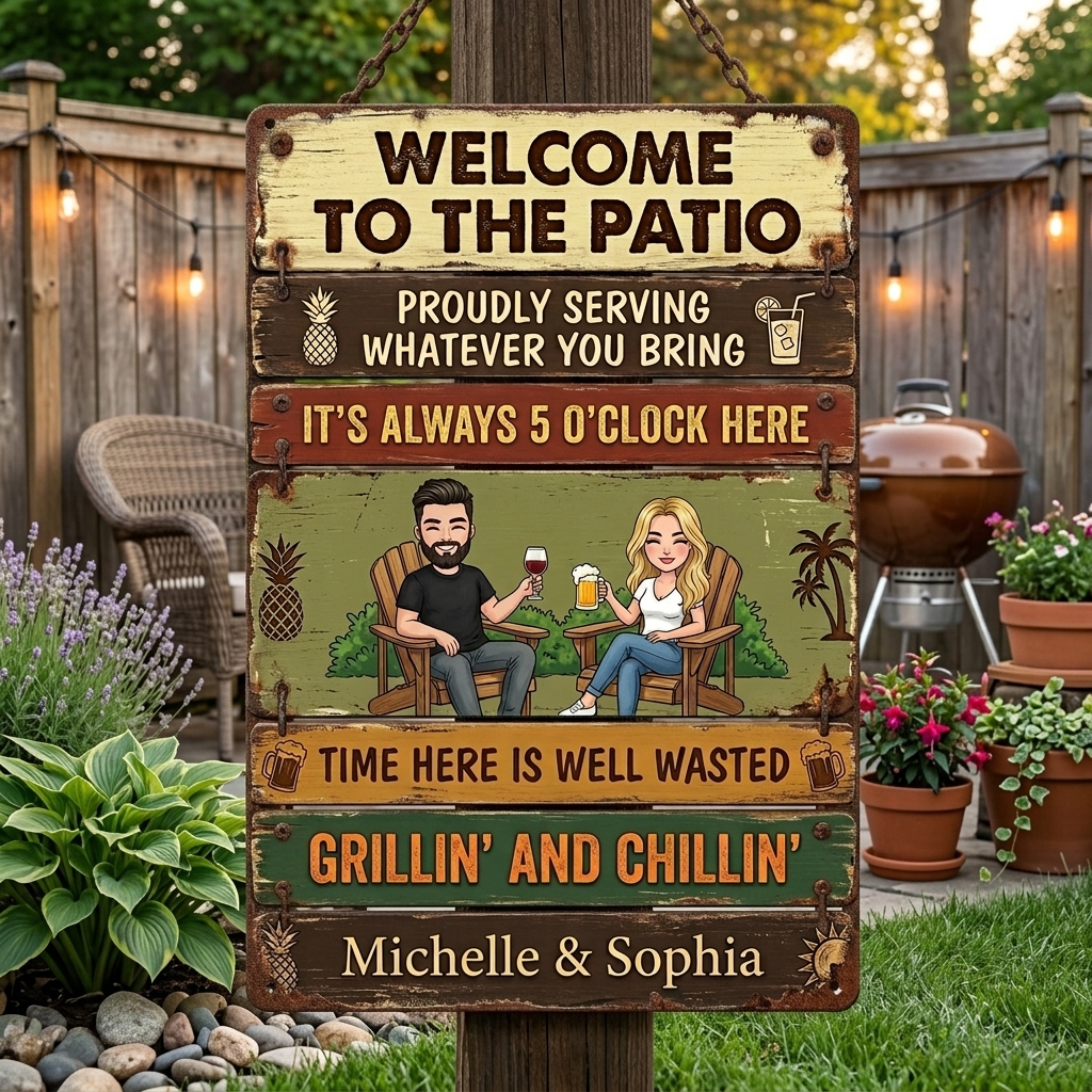 Personalized Retro Couple Patio Welcome Grilling Proudly Serving Whatever You Bring Husband Wife Couple Single Backyard Sign Personalized Custom Classic Metal Signs