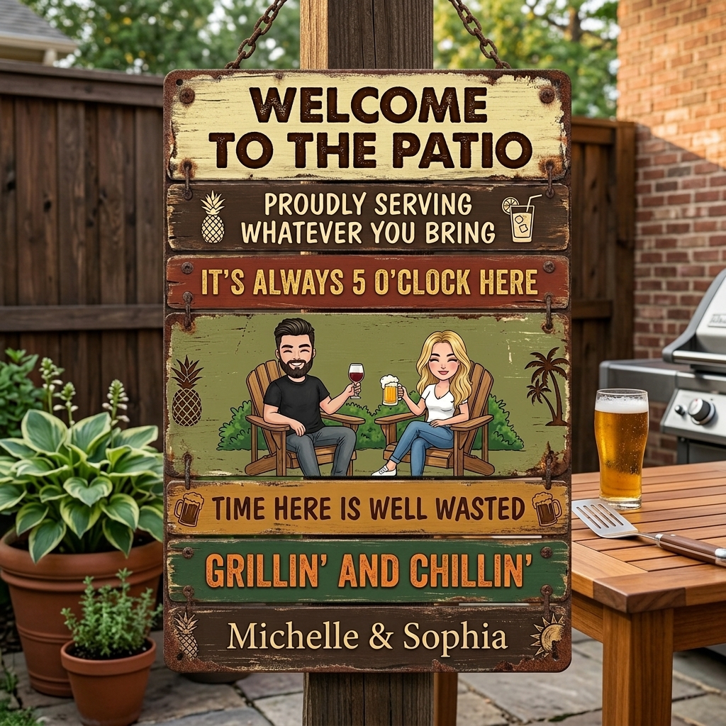 Personalized Retro Couple Patio Welcome Grilling Proudly Serving Whatever You Bring Husband Wife Couple Single Backyard Sign Personalized Custom Classic Metal Signs