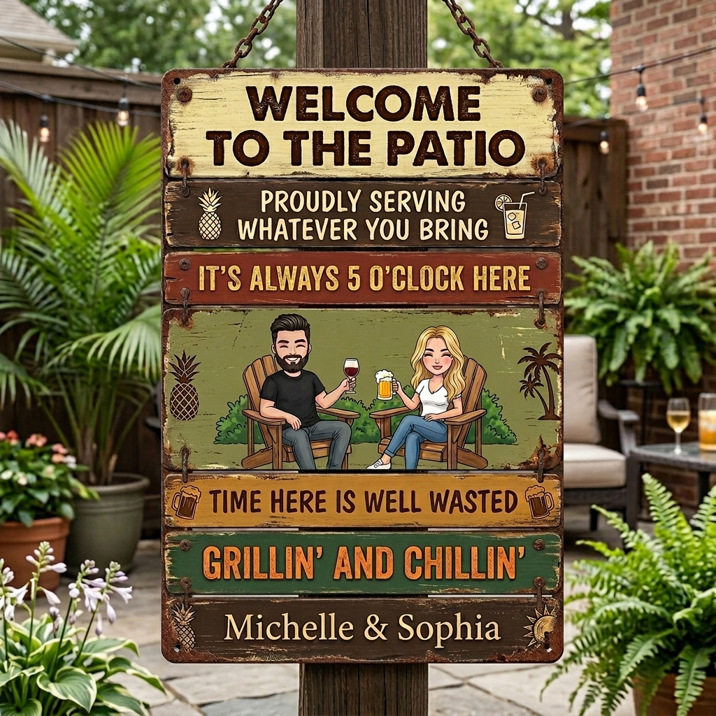 Personalized Retro Couple Patio Welcome Grilling Proudly Serving Whatever You Bring Husband Wife Couple Single Backyard Sign Personalized Custom Classic Metal Signs