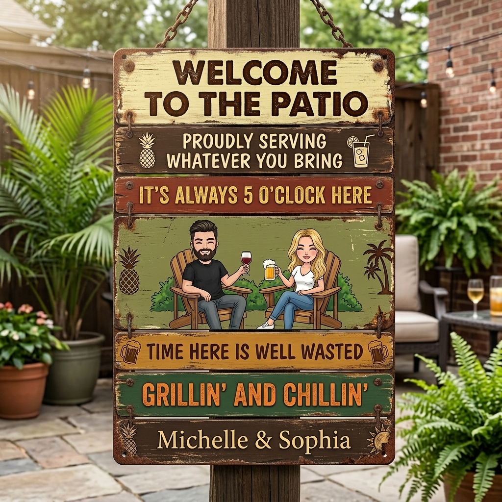 Personalized Retro Couple Patio Welcome Grilling Proudly Serving Whatever You Bring Husband Wife Couple Single Backyard Sign Personalized Custom Classic Metal Signs