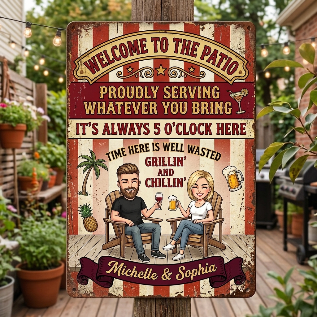 Personalized Retro Couple Patio Welcome Grilling Proudly Serving Whatever You Bring Husband Wife Couple Single Backyard Sign Personalized Custom Classic Metal Signs