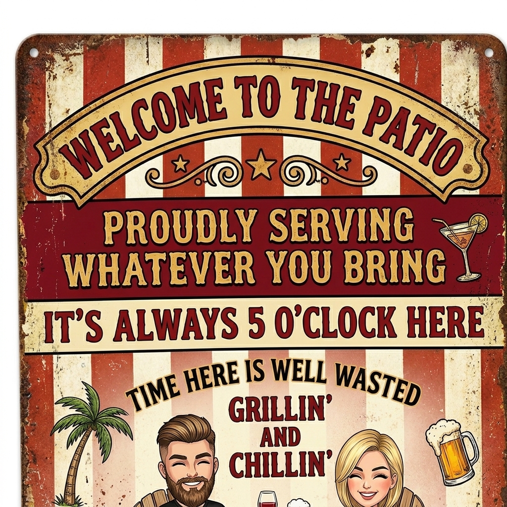 Personalized Retro Couple Patio Welcome Grilling Proudly Serving Whatever You Bring Husband Wife Couple Single Backyard Sign Personalized Custom Classic Metal Signs