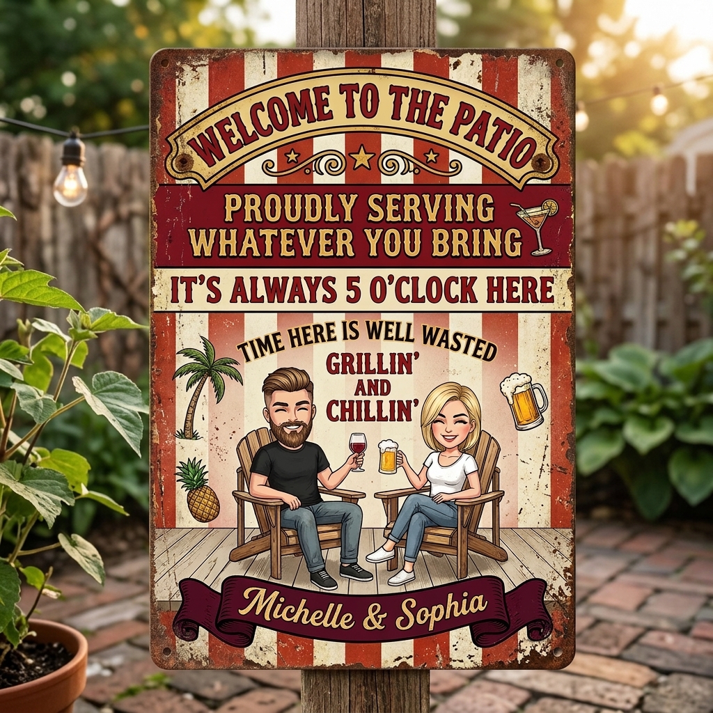 Personalized Retro Couple Patio Welcome Grilling Proudly Serving Whatever You Bring Husband Wife Couple Single Backyard Sign Personalized Custom Classic Metal Signs