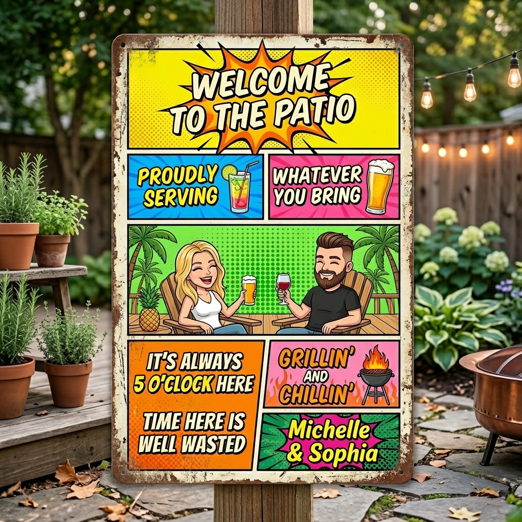 Personalized Couple Patio Welcome Grilling Proudly Serving Whatever You Bring Husband Wife Couple Single Backyard Sign Personalized Custom Classic Metal Signs