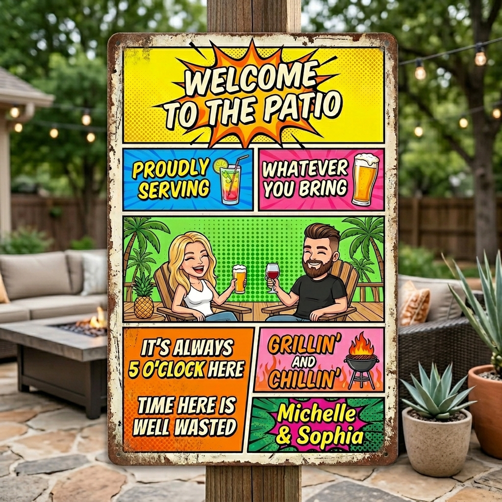Personalized Couple Patio Welcome Grilling Proudly Serving Whatever You Bring Husband Wife Couple Single Backyard Sign Personalized Custom Classic Metal Signs