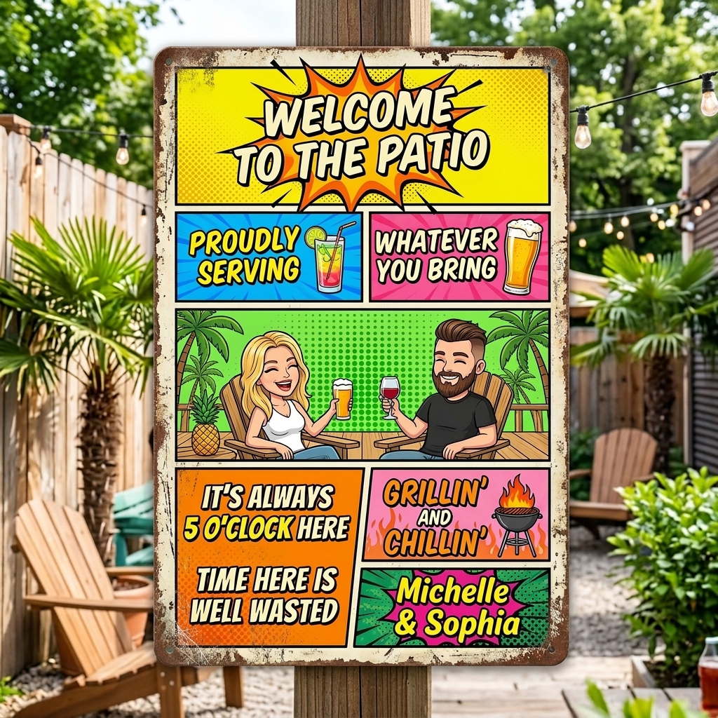 Personalized Couple Patio Welcome Grilling Proudly Serving Whatever You Bring Husband Wife Couple Single Backyard Sign Personalized Custom Classic Metal Signs